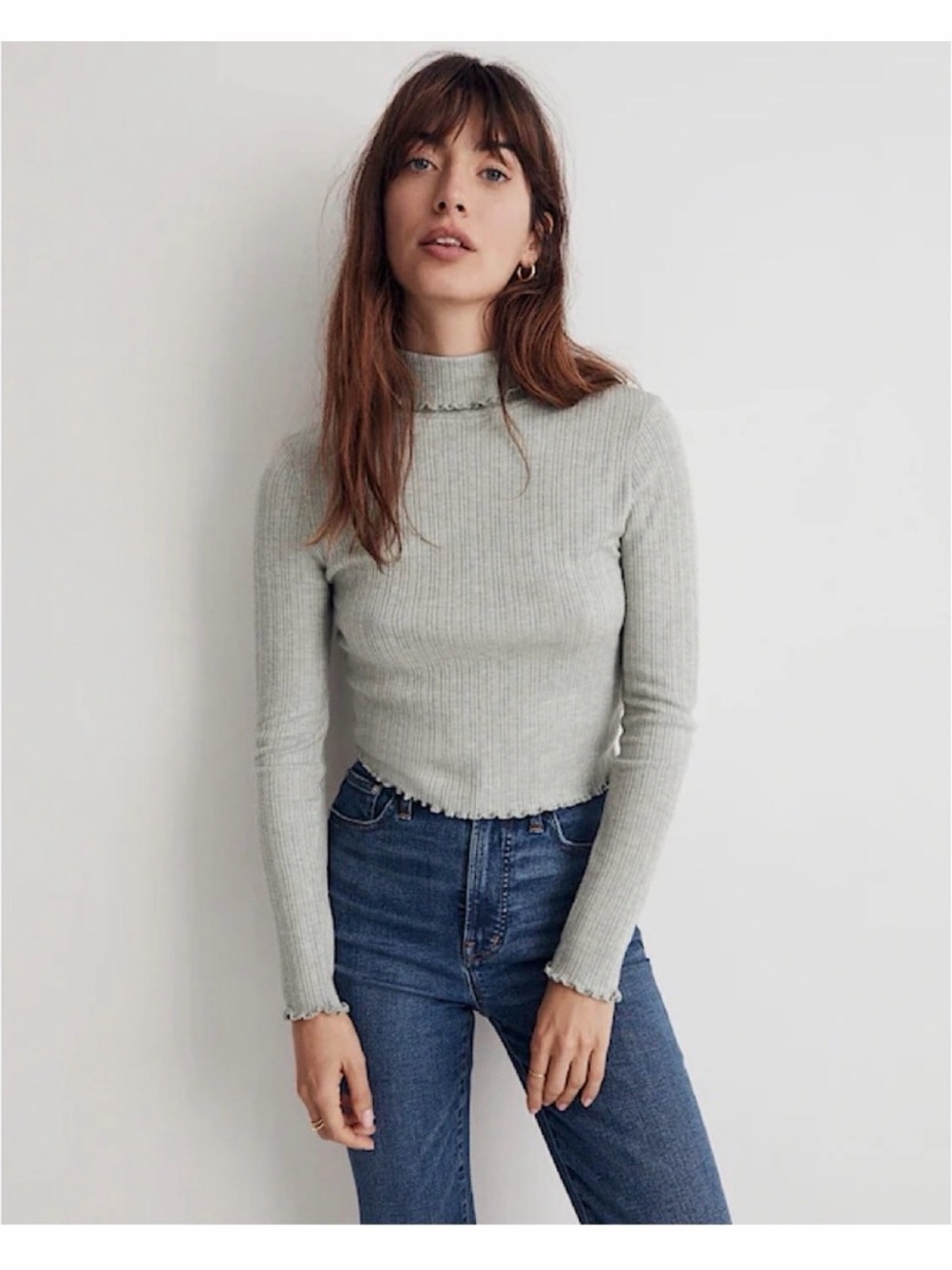 Madewell Light Gray Ribbed Mock Neck Long-Sleeve Top